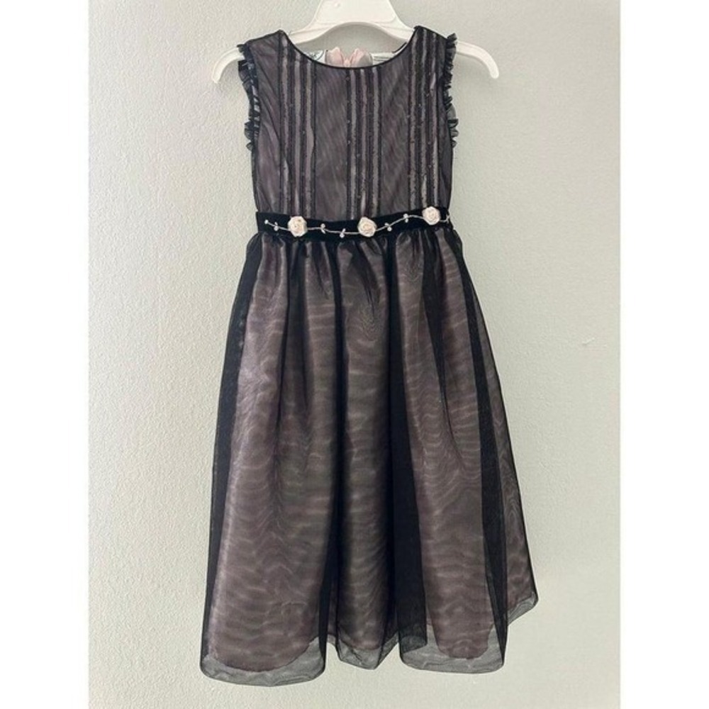 Laura Ashley Girls Black Lace Tulle Flower Belt Dress Size 6 Party